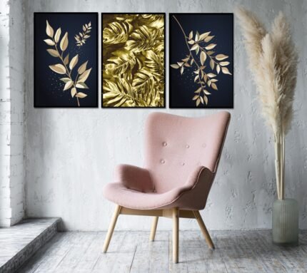 Pack de 3 Tableaux d'art - Or et Noir - Bois MDF - 60x40 cm